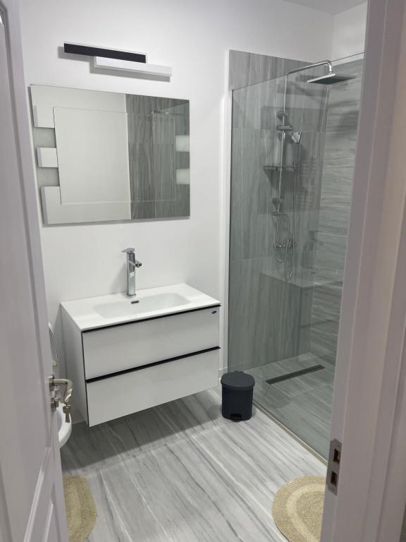 巴亚马雷Liviu的白色的浴室设有水槽和淋浴。