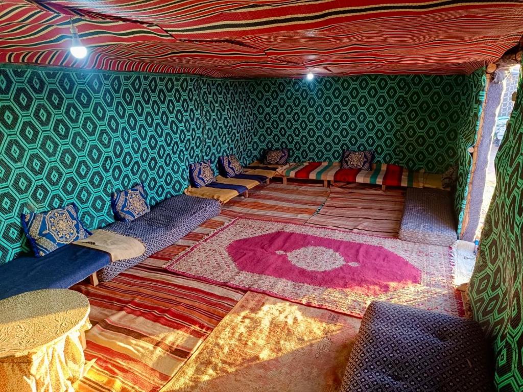 姆哈米德Mhamid Sahara Camp - Mhamid El Ghizlane的一间设有绿墙的客房,配有沙发