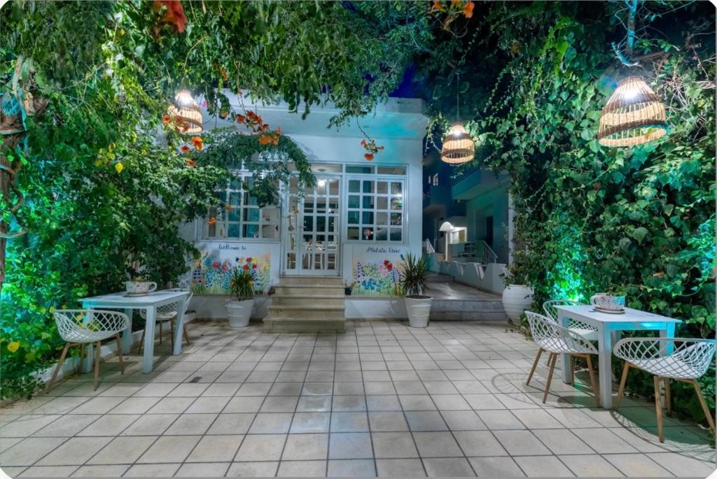 马塔拉马塔拉风景酒店的户外庭院设有桌椅和植物