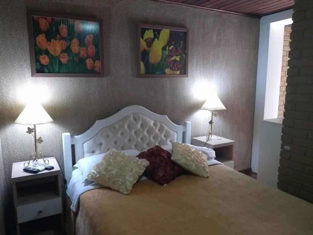 格拉玛多Hospedagem Vida e Natureza的一间卧室配有一张带两盏灯和绘画的床。