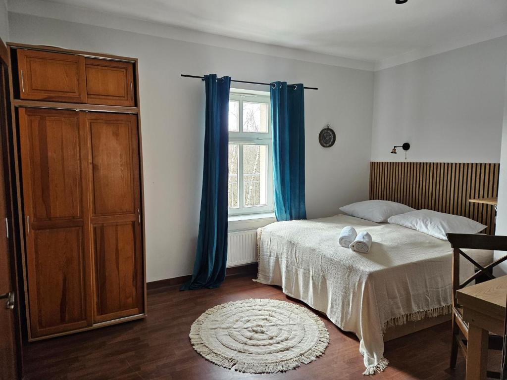 普鲁德尼克Dworek Szumilas的一间卧室配有床和蓝色窗帘的窗户