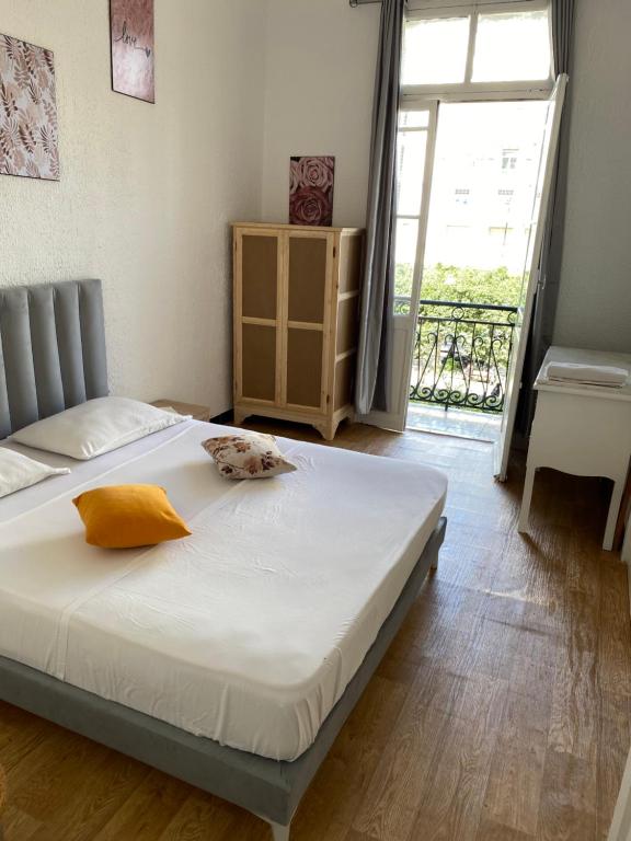 突尼斯Appartement centre-ville的卧室配有一张床,上面放着一只猫