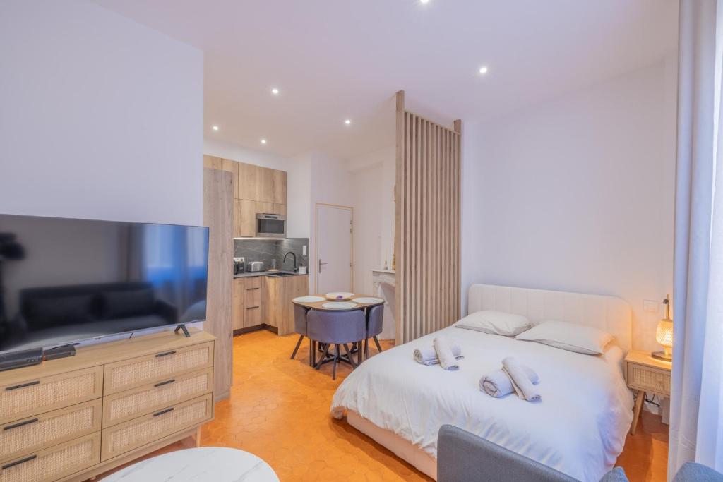 普罗旺斯艾克斯Appartement de Charme的一间卧室配有一张床和一台平面电视