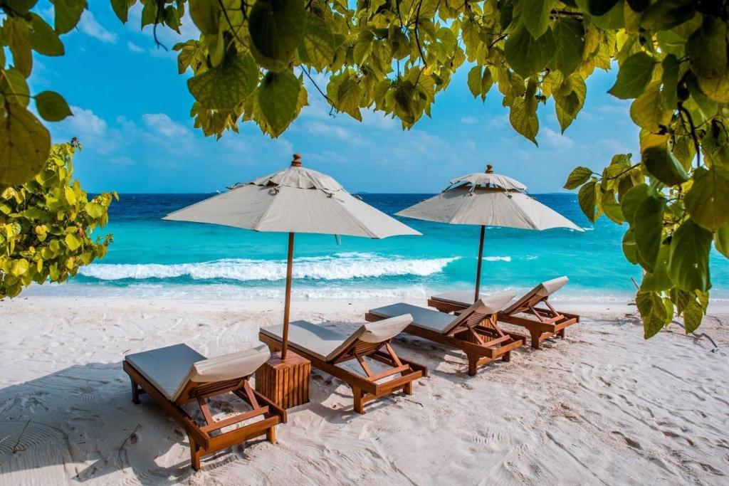 KamadhooSand Inn Residence的海滩上的一组椅子和遮阳伞