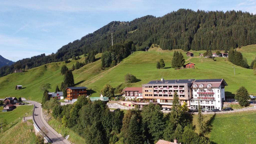 希洛谢克Familotel Alphotel的山中酒店,拥有绿色的山丘