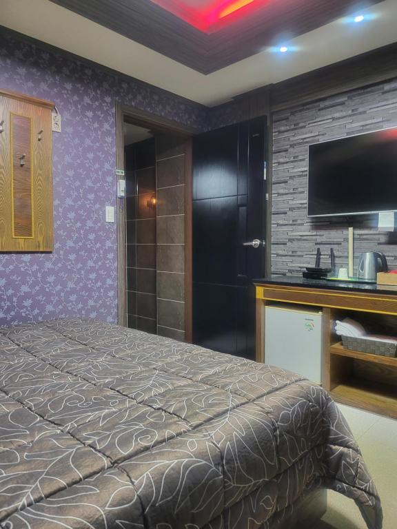巨济Gohyeon Ace motel的配有一张床和一台平面电视的酒店客房