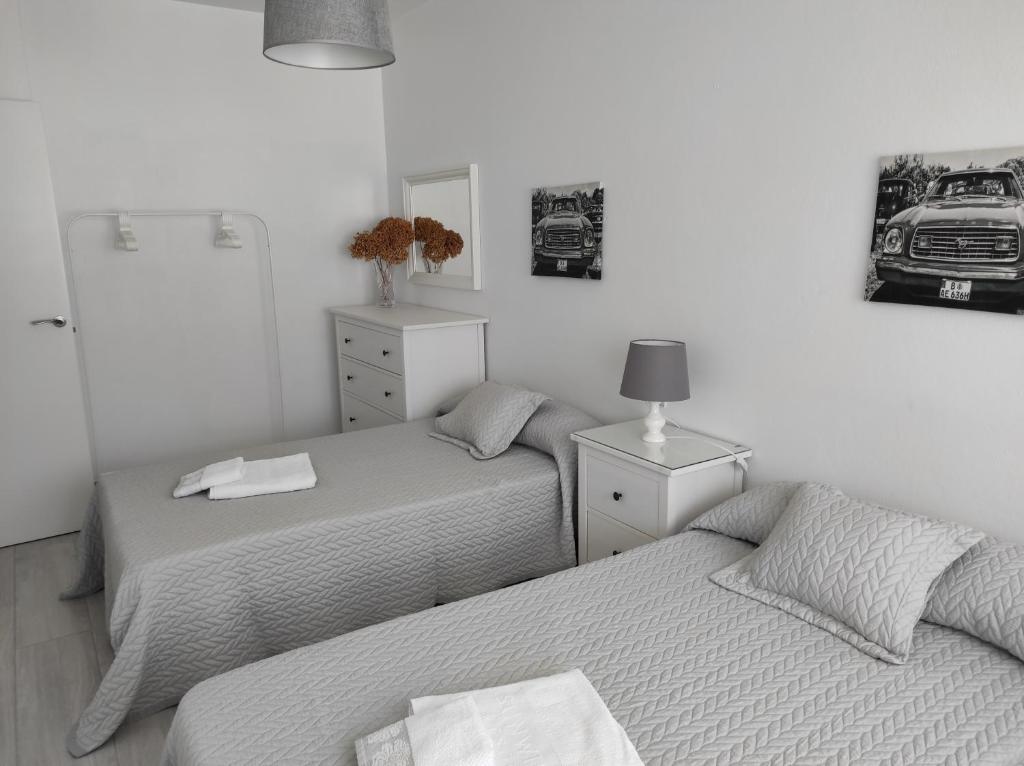 伊扎洛Apartamento Area Pequena Ézaro 2的一间卧室设有两张床和一张桌子上的台灯。