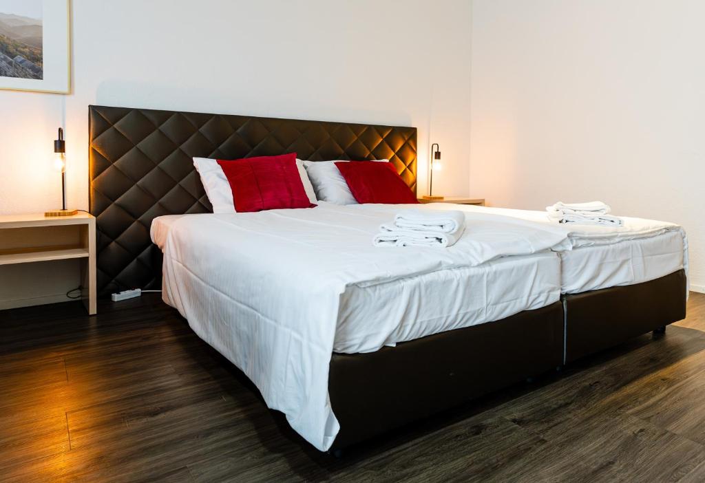 贝尔普Los Lorentes Hotel Bern Airport的一间卧室配有一张带红色枕头的大床