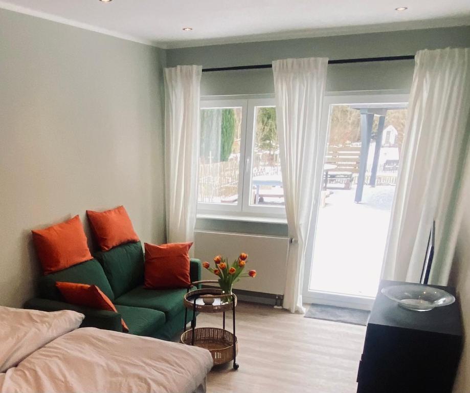 代特莫尔德Little Lopsi的客厅设有绿色沙发和窗户。