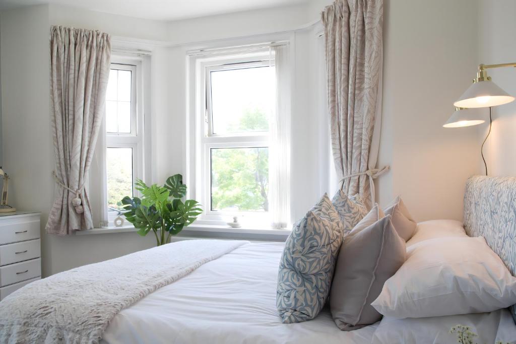 浦耳Poole Park House的卧室配有带枕头和窗户的床。