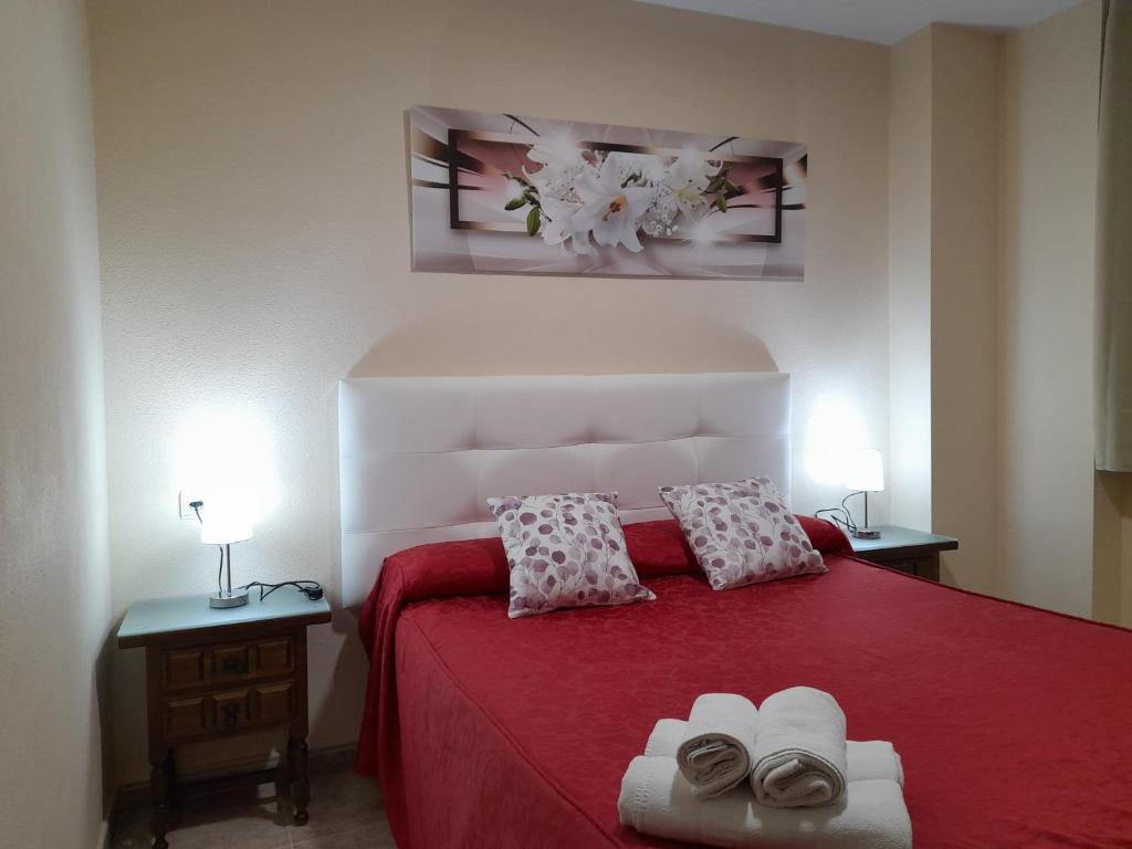 瓜达拉哈拉Hostal San Roque的一间卧室配有红色的床和两个枕头