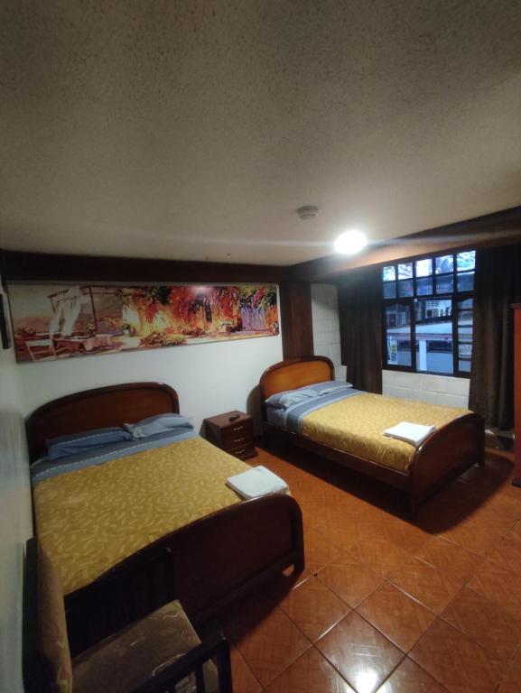 巴尼奥斯HOSTAL WALDORF.EC的酒店客房设有两张床和窗户。