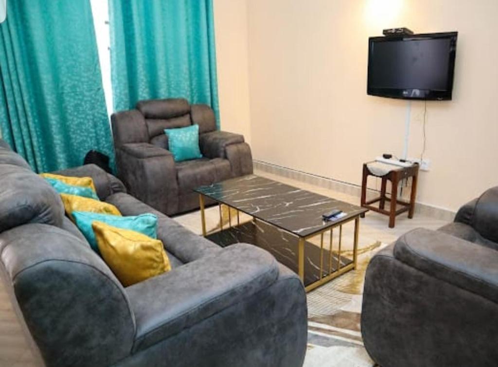 内罗毕bluesky的客厅配有两张沙发和一台电视机