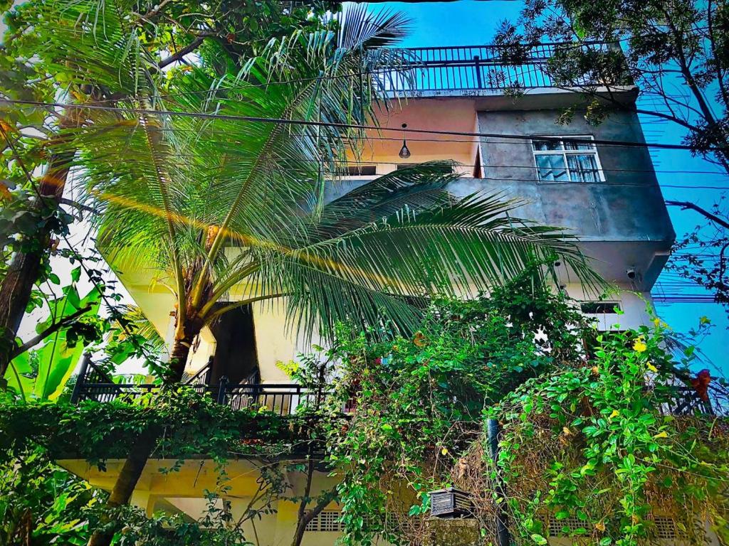 波隆纳鲁沃R & D Resort的前面有棕榈树的建筑