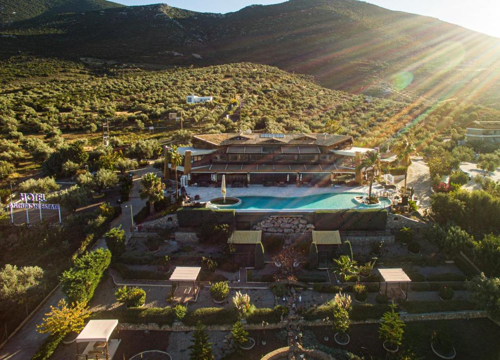 哈尔基斯Hotel Anthidon Estate的享有带游泳池的度假村的空中景致