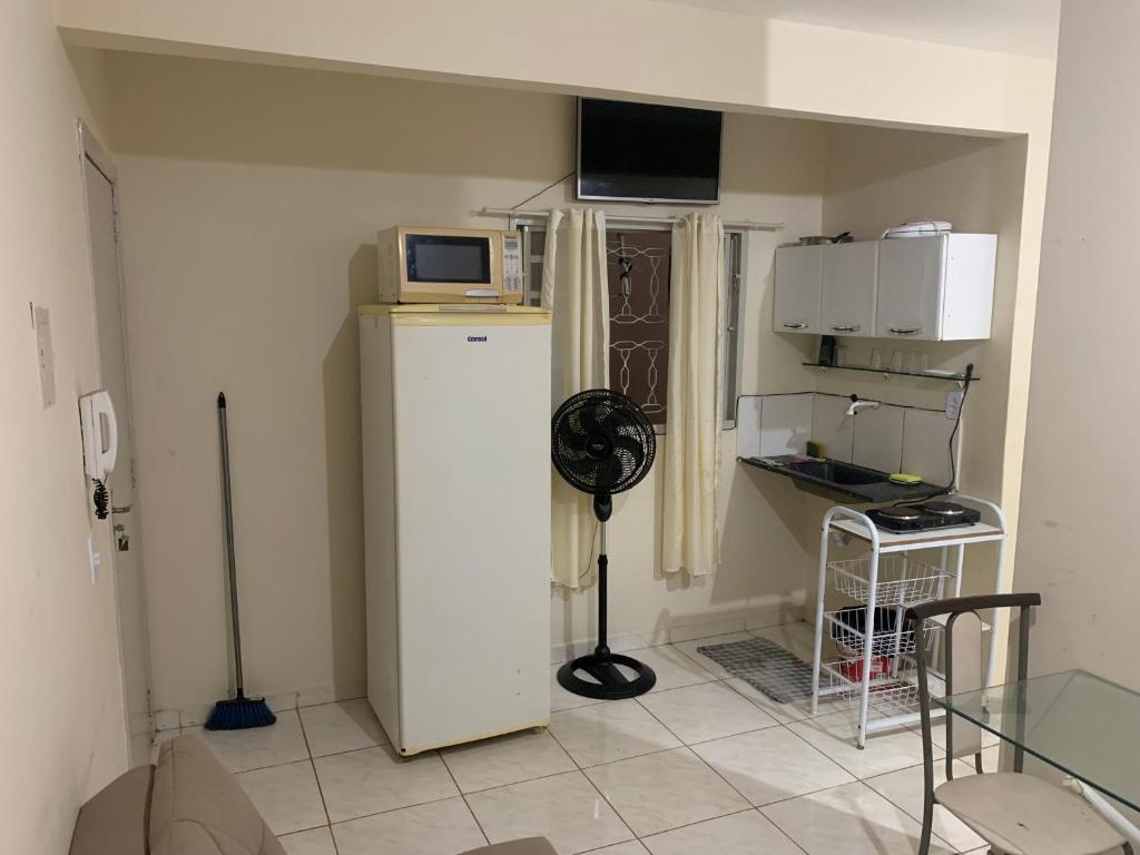 巴西利亚102 verão kit exclusiva的小厨房配有冰箱和微波炉。