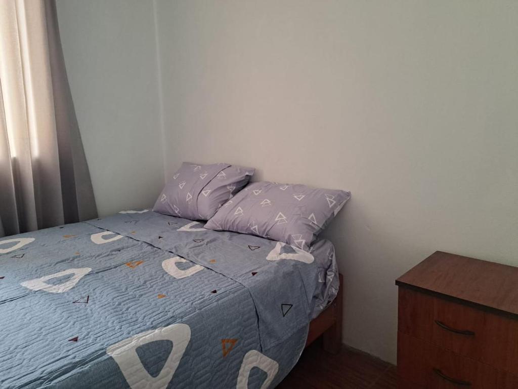 阿亚库乔Departamento de 3 pisos a 9 cuadras de la plaza的小卧室配有一张带紫色床单和枕头的床