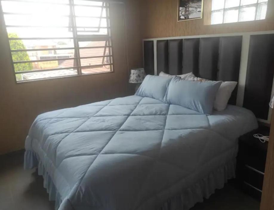 LenasiaBrand new crane Apartments no 9的卧室内的一张带蓝色枕头的大床