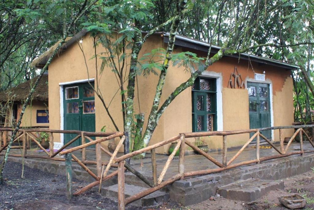 NyakinamaRed Rocks Rwanda - Campsite Guesthouse的前面有一棵树的小房子