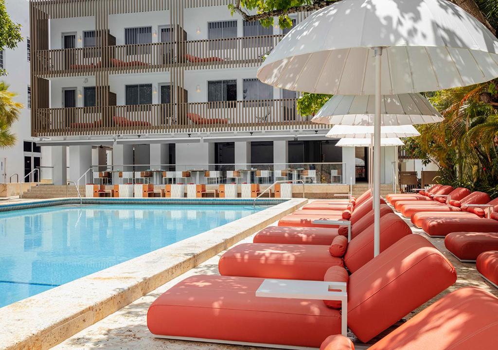 迈阿密海滩Axel Beach Miami-South Beach - Adults Only的游泳池旁一排带遮阳伞的躺椅