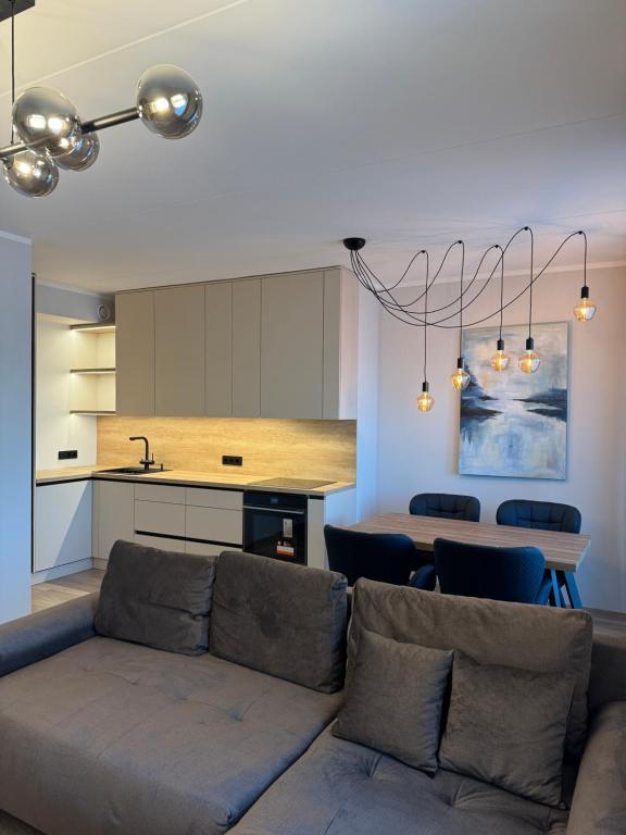 DreiliņiModern 4-Room compact flat with parking in Riga的带沙发的客厅和厨房
