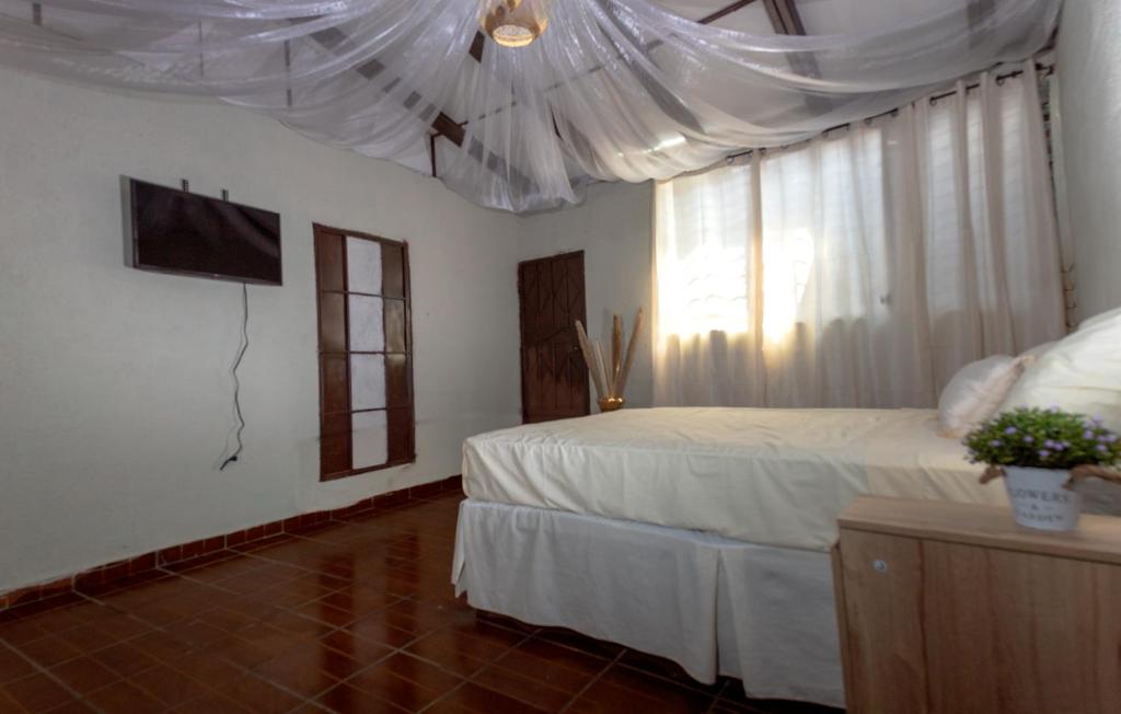 康塞普西翁德阿塔科Hostal Lenha的一间卧室配有一张白色天蓬床