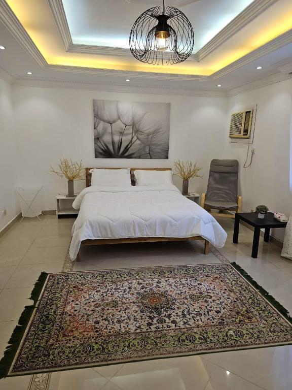 Murshidīyahشقة هادئة بمساحة كبيرة بحي التنعيم بمكة المكرمة غرفة نوم واحدة فقط的一间卧室配有一张大床和地毯。