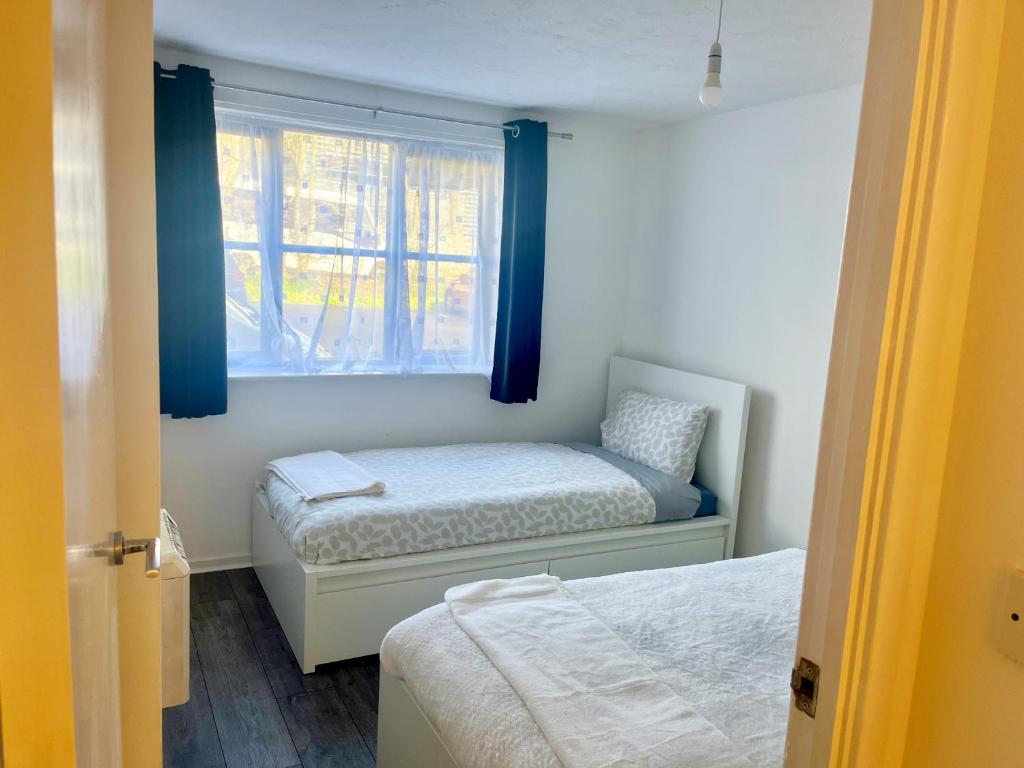 伦敦Comfortable and Cosy London Stay的一间卧室设有两张床和窗户。