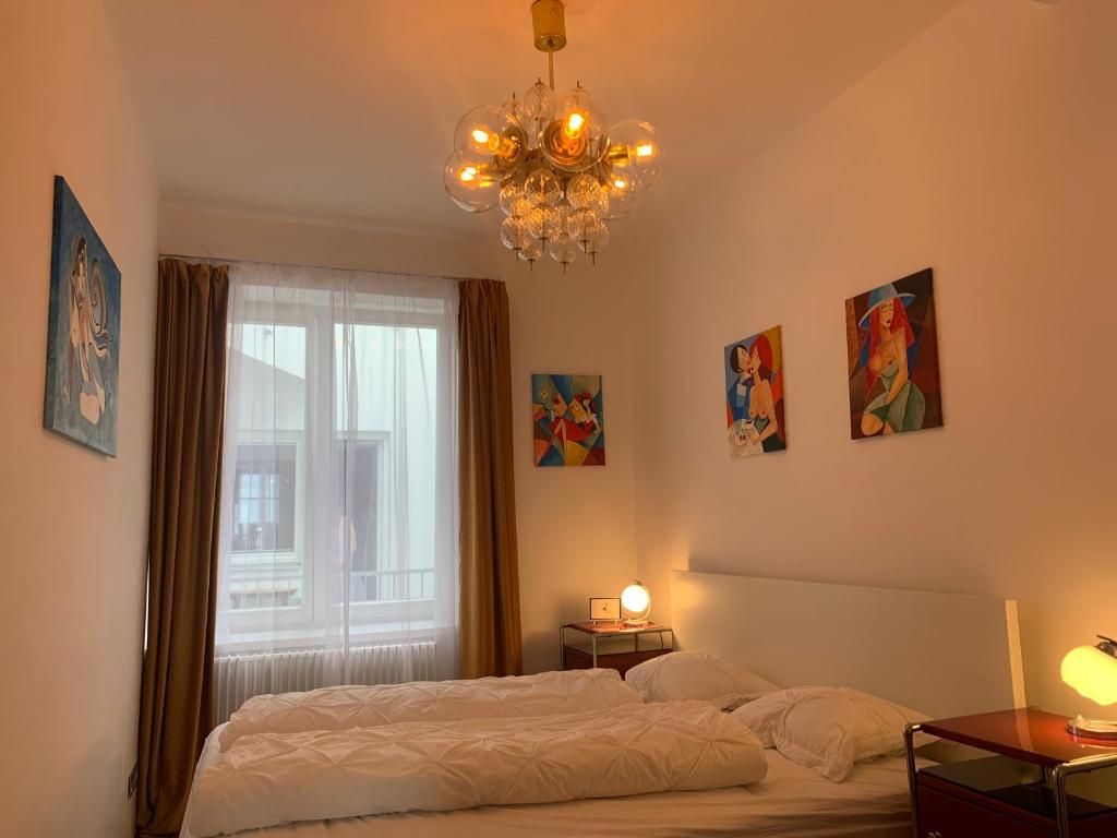 赫拉德茨 - 克拉洛韦Apartment Grossman的一间卧室配有一张床、一个吊灯和一扇窗户