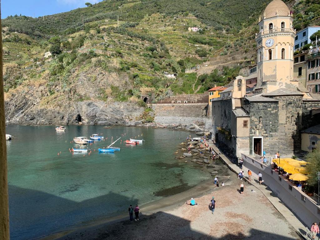 韦尔纳扎La Marina Vernazza Appartamento Piazza Marconi的一群人,在海滩上,在水中划船