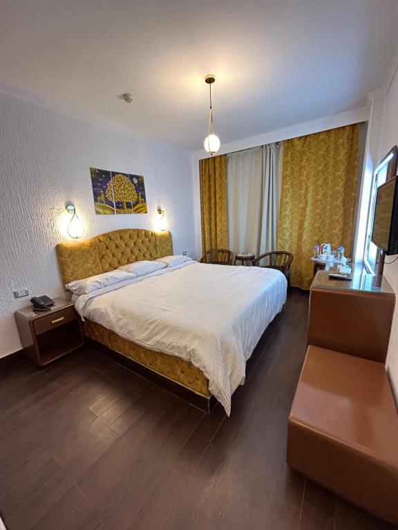 开罗赫利奥波利斯奥艾西斯酒店的酒店客房设有一张大床和一张书桌。