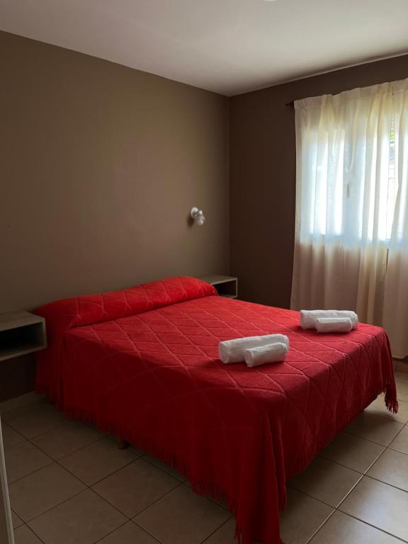 萨帕拉Alquiler temporario zapala Amanecer的一间卧室配有红色的床和2条毛巾