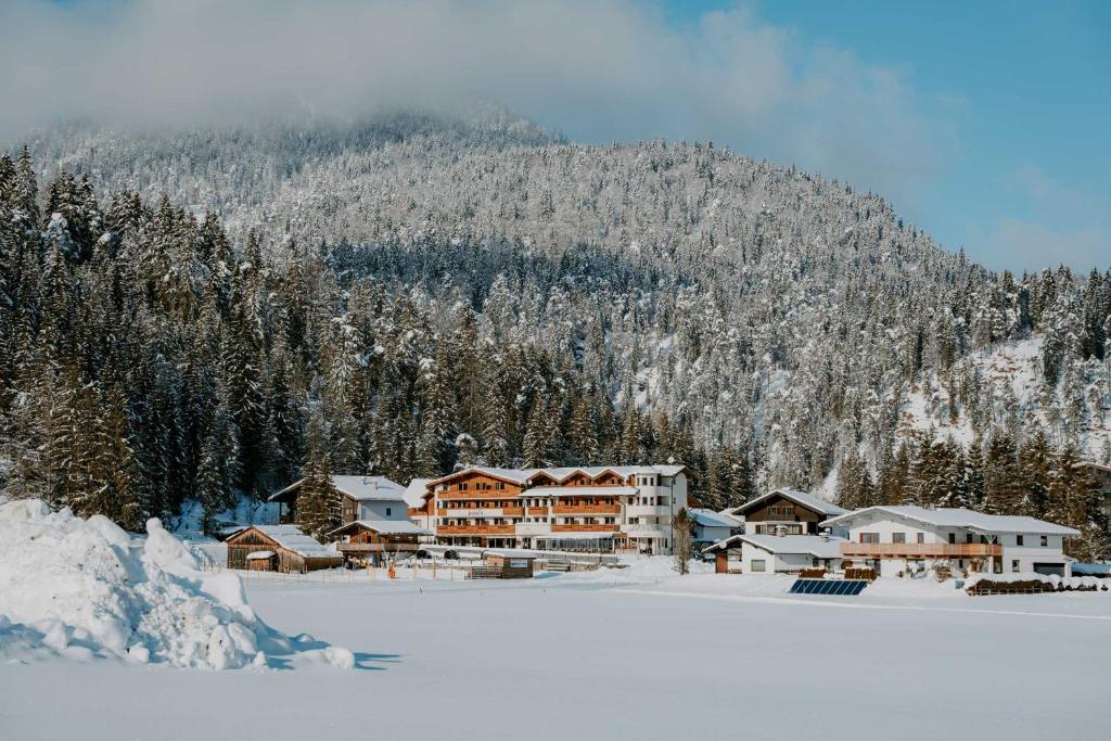 阿亨基希loisi's Boutiquehotel的山前雪地中的滑雪小屋