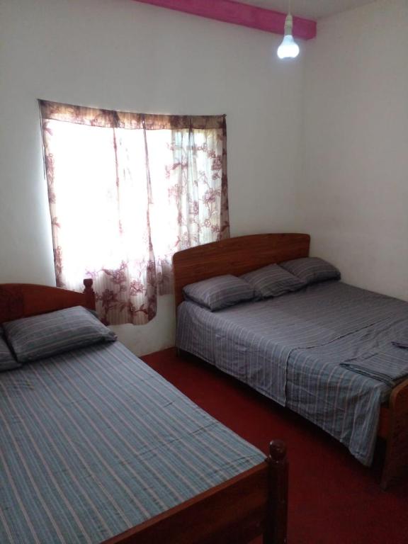 努沃勒埃利耶Green View In Nuwaraeliya的一间卧室设有两张床和窗户。