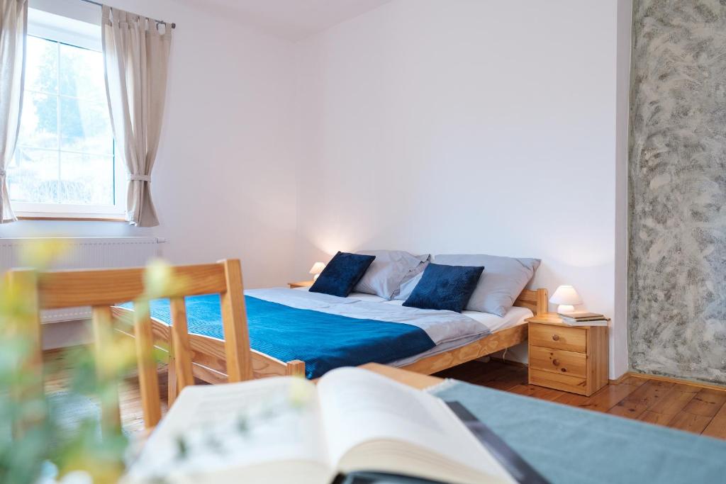 Horní SlavkovU staré cesty的一间卧室配有一张带蓝色床单的床和一扇窗户。