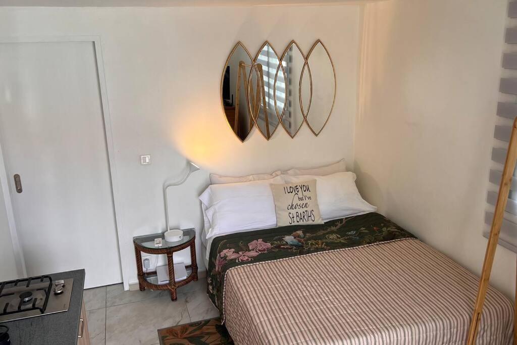 Saint BarthelemyMaison des Brin - Lorient Camaruche的卧室配有一张床,墙上设有镜子