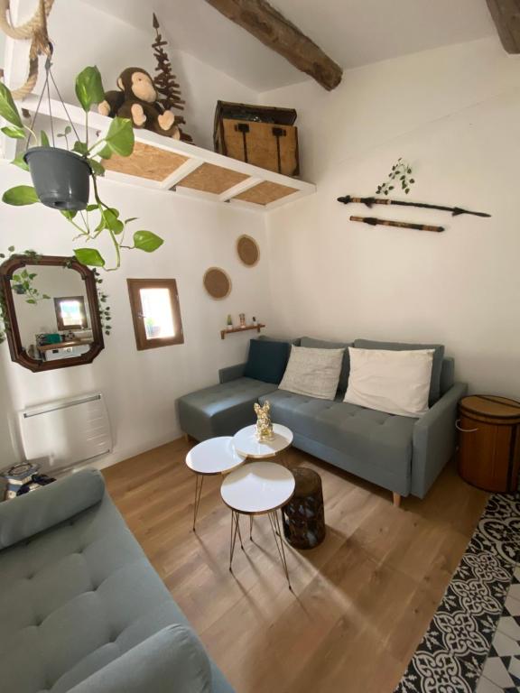 马莱莫尔Logement atypique avec jacuzzi inclus的客厅配有沙发和桌子