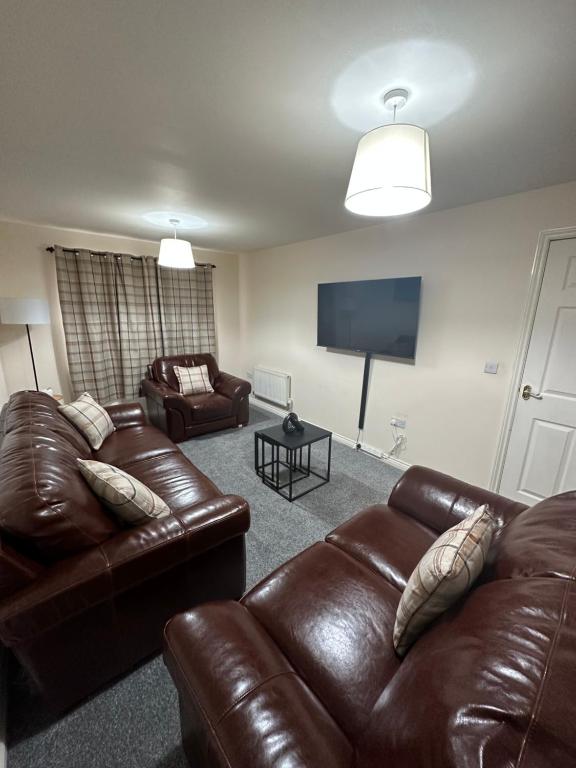 威森肖City Airport Apartment的客厅配有两张真皮沙发和一台平面电视