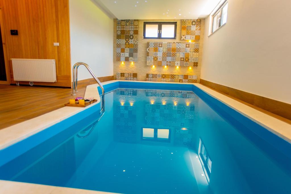 萨拉热窝玫瑰别墅的客房内的大型游泳池,有蓝色的水