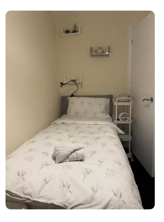 伦敦Quaint and Serene Single room的小型客房内的一张白色床。