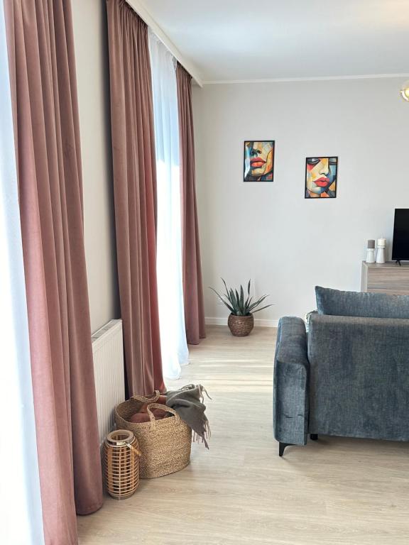 海乌姆Apartament Łowca Snów的客厅配有粉红色窗帘和蓝色沙发