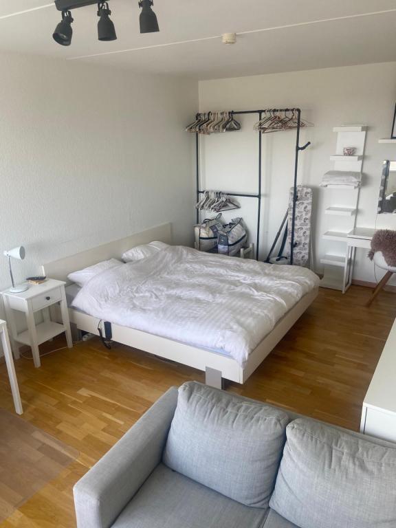 哥本哈根Studio apartment in Copenhagen.的一间卧室配有一张大床和一张沙发