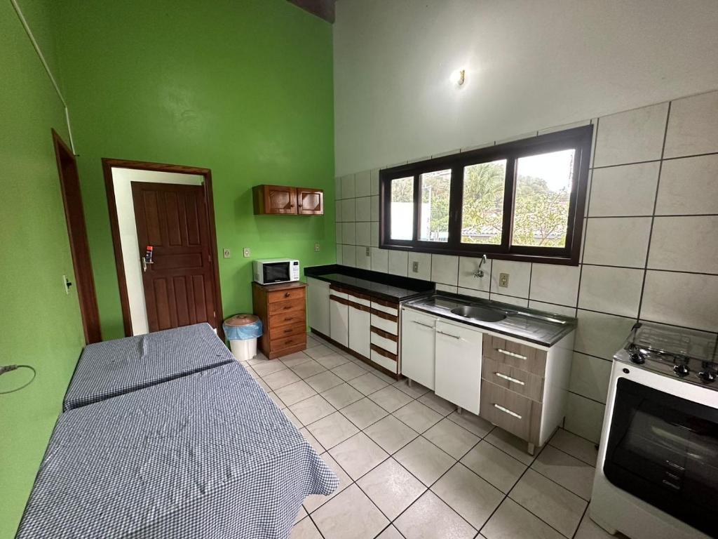 加罗帕巴Pousada Via Ferrugem的一间厨房,拥有绿色的墙壁,并在客房内提供一张床