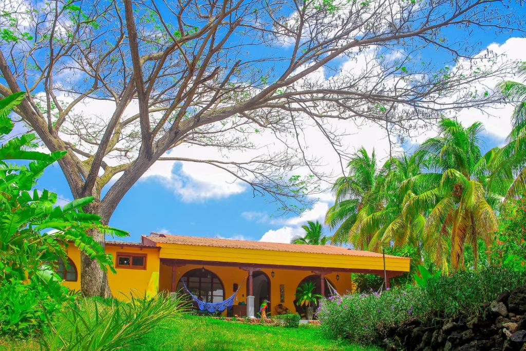 NindiríHotel Amigo Nicaragua的前方有树的黄色房子