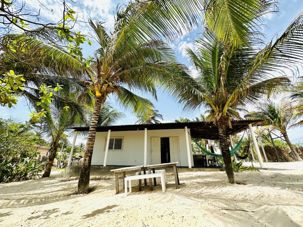 阿廷斯La Casita Atins的海滩上的房子,配有野餐桌和棕榈树