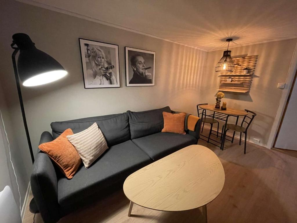 奥勒松Apartment close to Aalesund center的客厅配有蓝色的沙发和桌子
