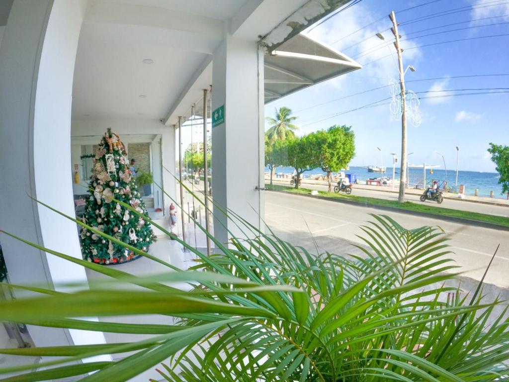 圣安德烈斯Hotel Almendros的建筑物一侧的圣诞树