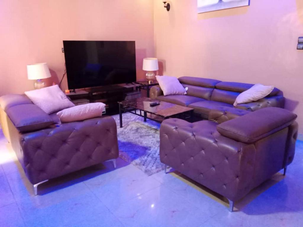 科托努RÉSIDENCES ORI的客厅配有2张沙发和1台平面电视