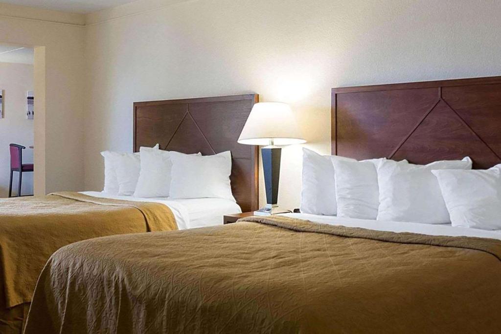 詹姆斯镇Baymont by Wyndham Jamestown Conference Center & Water Park的酒店的客房 - 带2张带白色枕头的床