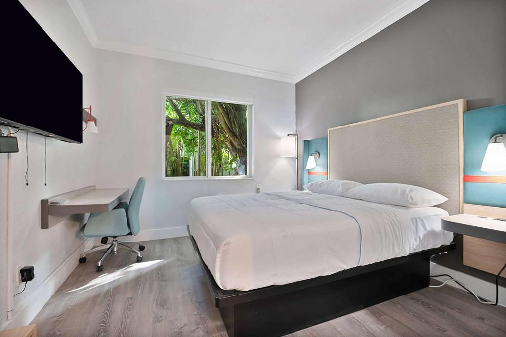 迈阿密Garden Hotel Miami Airport, Trademark Collection by Wyndham的一间卧室配有一张床、一张书桌和一台电视